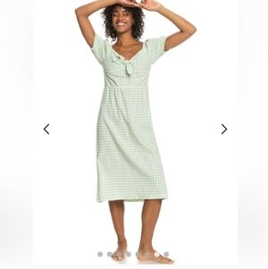 ROXY Summertime Feeling Green & White  checkered Midi Dress Size M